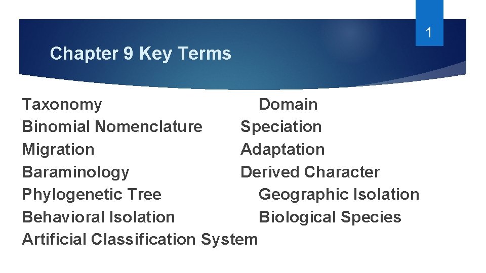 1 Chapter 9 Key Terms Taxonomy Domain Binomial Nomenclature Speciation Migration Adaptation Baraminology Derived