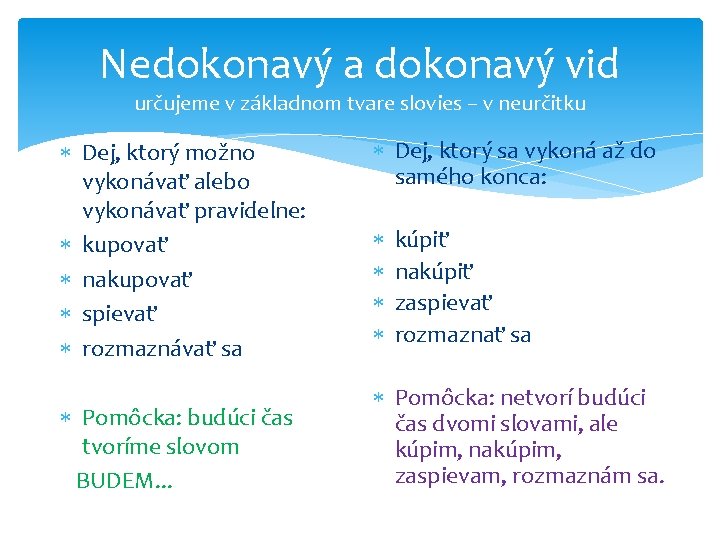 Nedokonavý a dokonavý vid určujeme v základnom tvare slovies – v neurčitku Dej, ktorý