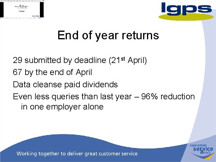 End of year returns 29 submitted by deadline (21 st April) 67 by the
