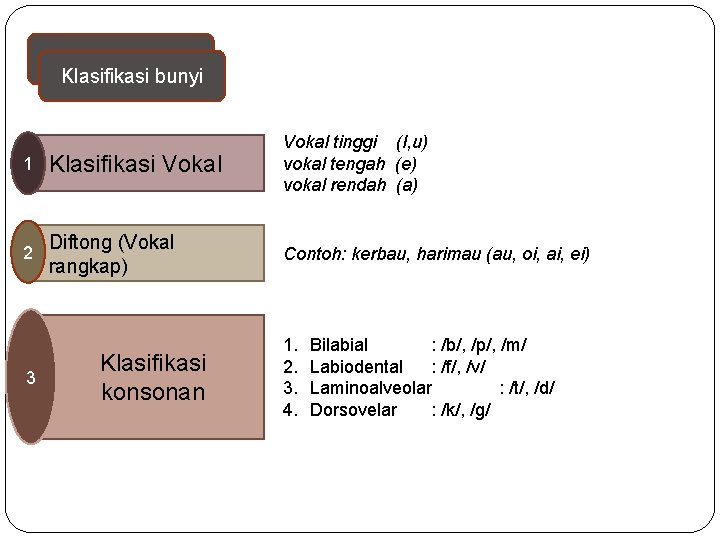 Klasifikasi bunyi 1 Klasifikasi Vokal tinggi (I, u) vokal tengah (e) vokal rendah (a)