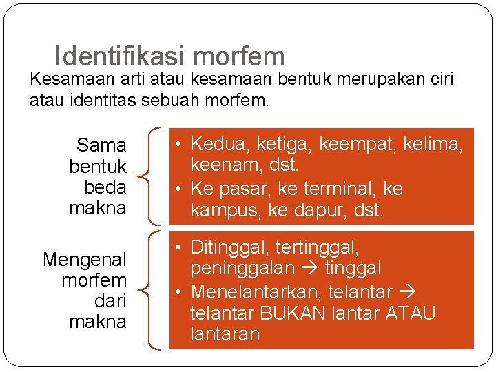 Identifikasi morfem Kesamaan arti atau kesamaan bentuk merupakan ciri atau identitas sebuah morfem. Sama