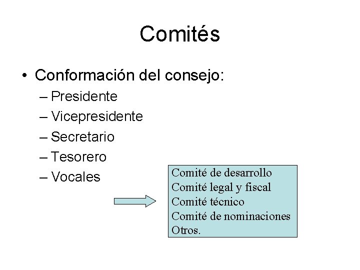 Comités • Conformación del consejo: – Presidente – Vicepresidente – Secretario – Tesorero –