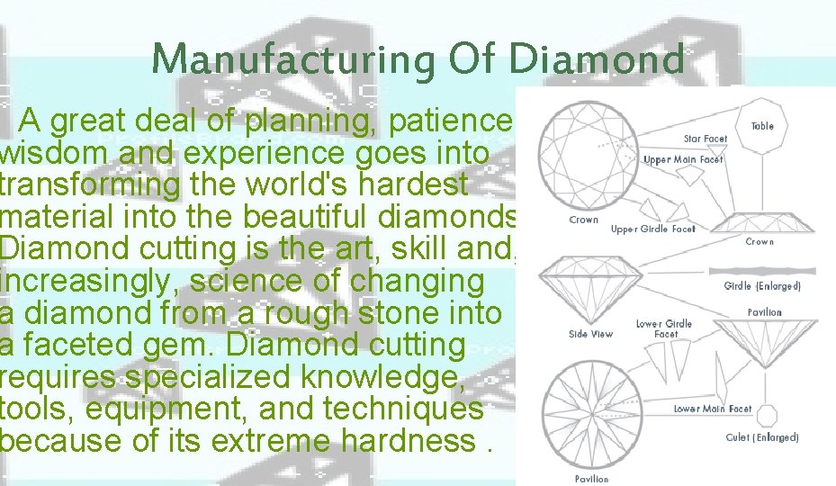 Manufacturing Of Diamond A great deal of planning, patience, wisdom and experience goes into