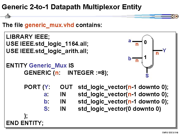Generic 2 -to-1 Datapath Multiplexor Entity The file generic_mux. vhd contains: LIBRARY IEEE; USE