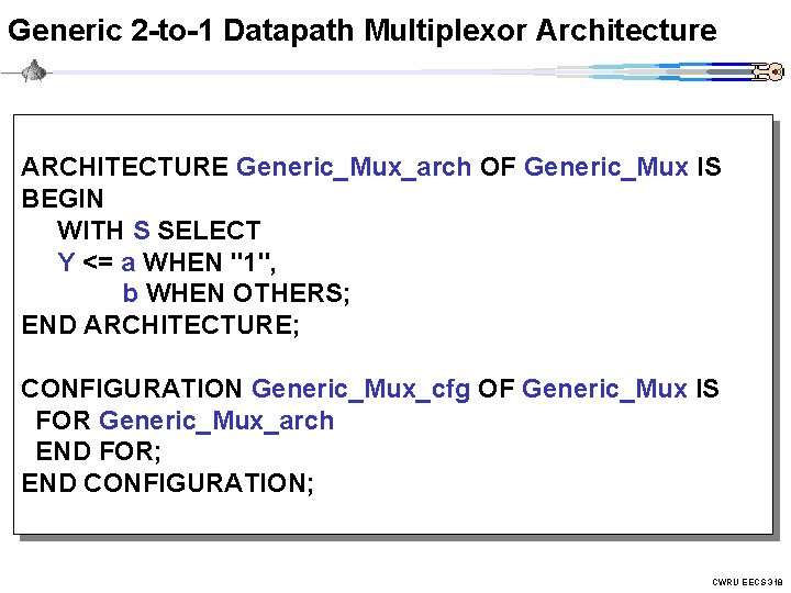 Generic 2 -to-1 Datapath Multiplexor Architecture ARCHITECTURE Generic_Mux_arch OF Generic_Mux IS BEGIN WITH S