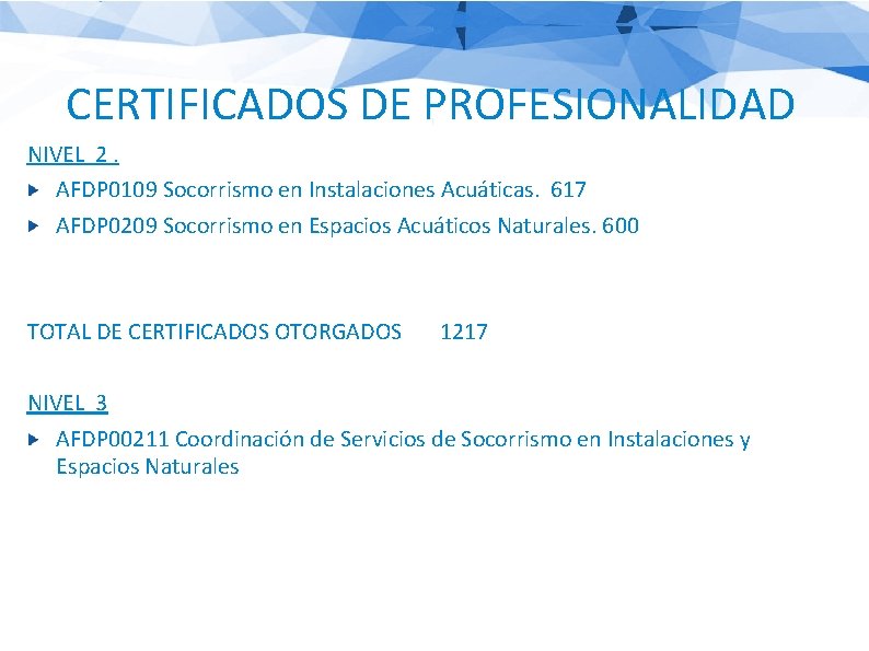 CERTIFICADOS DE PROFESIONALIDAD NIVEL 2. AFDP 0109 Socorrismo en Instalaciones Acuáticas. 617 AFDP 0209