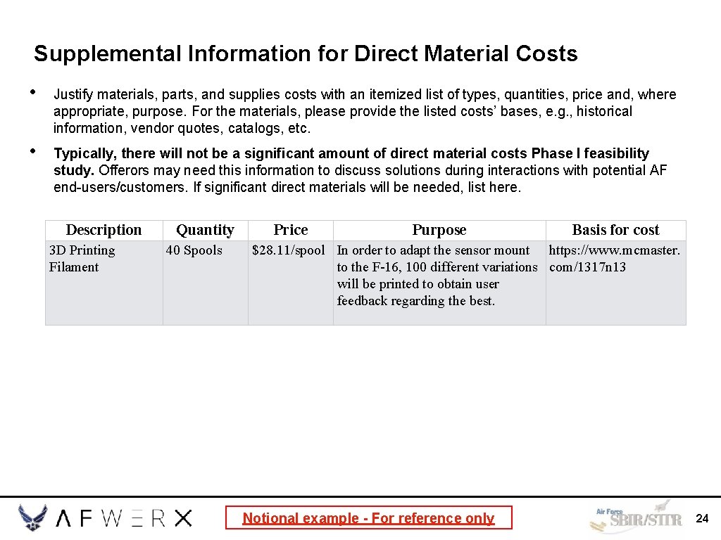 Supplemental Information for Direct Material Costs • Justify materials, parts, and supplies costs with