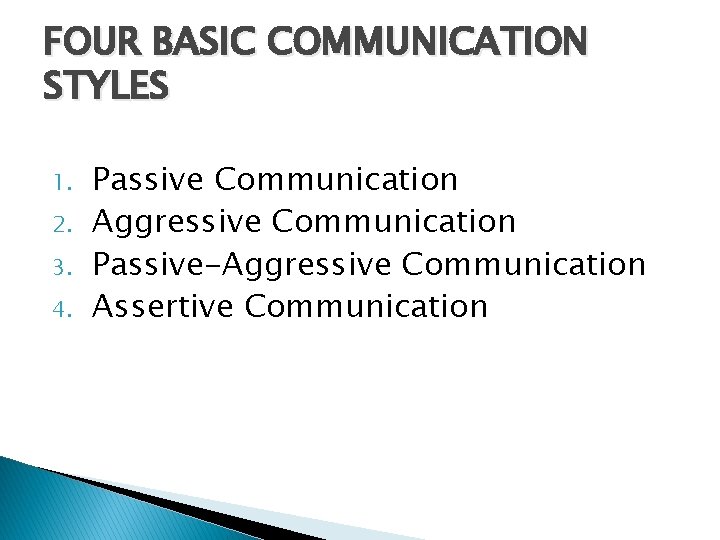 FOUR BASIC COMMUNICATION STYLES 1. 2. 3. 4. Passive Communication Aggressive Communication Passive-Aggressive Communication