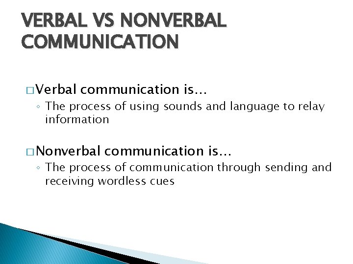 VERBAL VS NONVERBAL COMMUNICATION � Verbal communication is… ◦ The process of using sounds