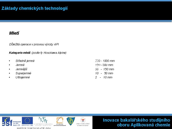 Základy chemických technologií Mletí Důležitá operace v procesu výroby API Kategorie mletí: (podle fy