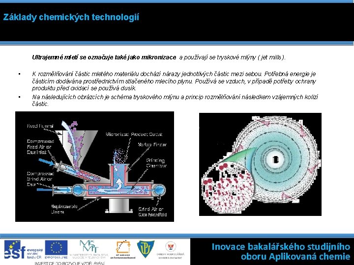 Základy chemických technologií Ultrajemné mletí se označuje také jako mikronizace a používají se tryskové