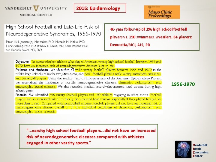 2016: Epidemiology 40 -year follow-up of 296 high school football players vs. 190 swimmers,