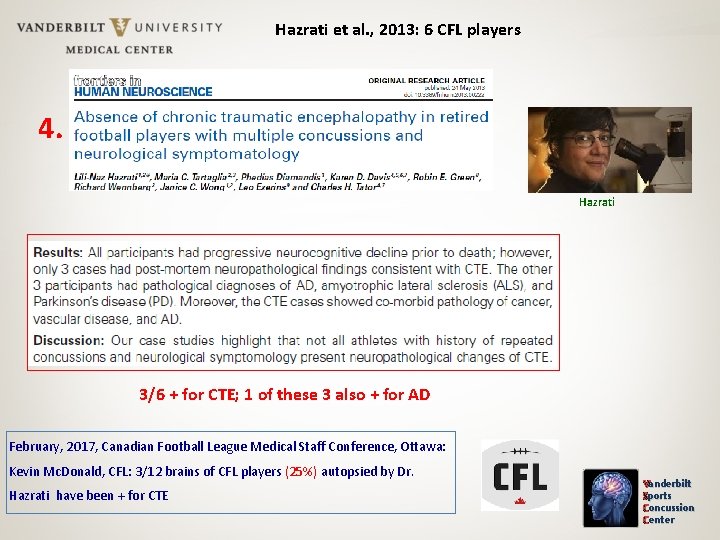 Hazrati et al. , 2013: 6 CFL players 4. Hazrati 3/6 + for CTE;