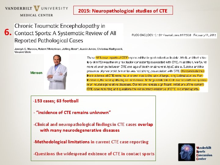 2015: Neuropathological studies of CTE 6. Maroon -153 cases; 63 football - “incidence of