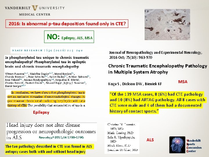 2016: Is abnormal p-tau deposition found only in CTE? NO: Epilepsy, ALS, MSA Journal