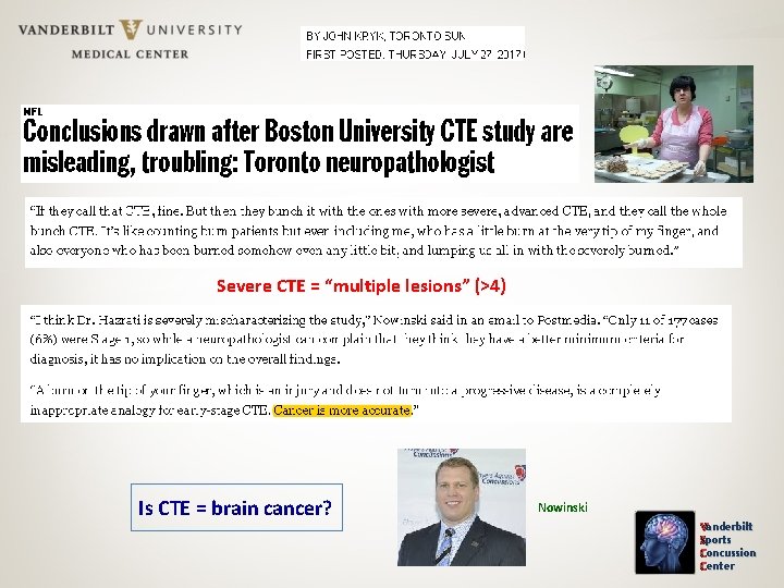 Severe CTE = “multiple lesions” (>4) Is CTE = brain cancer? Nowinski Vanderbilt Sports