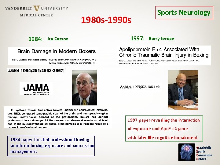 1980 s-1990 s 1984: Ira Casson 1997: Sports Neurology Barry Jordan 1997 paper revealing