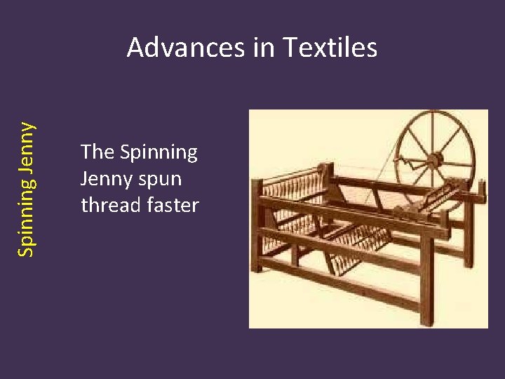 Spinning Jenny Advances in Textiles The Spinning Jenny spun thread faster 
