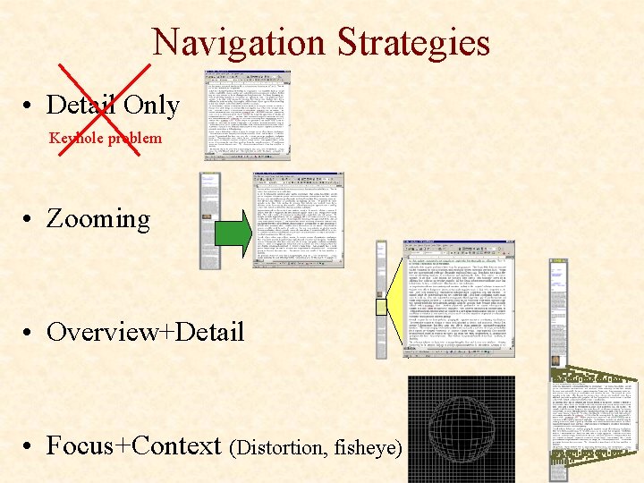 Navigation Strategies • Detail Only Keyhole problem • Zooming • Overview+Detail • Focus+Context (Distortion,