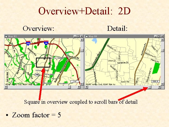 Overview+Detail: 2 D Overview: Detail: Square in overview coupled to scroll bars of detail