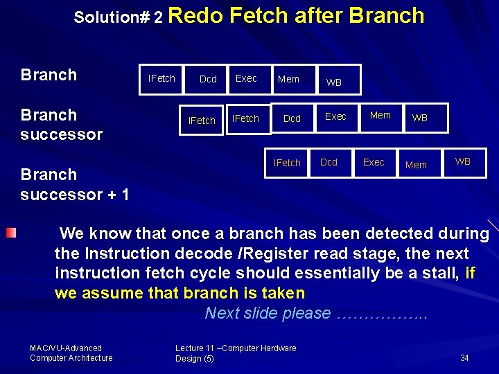 Solution# 2 Redo Branch successor + 1 IFetch after Branch Dcd Exec Mem IFetch