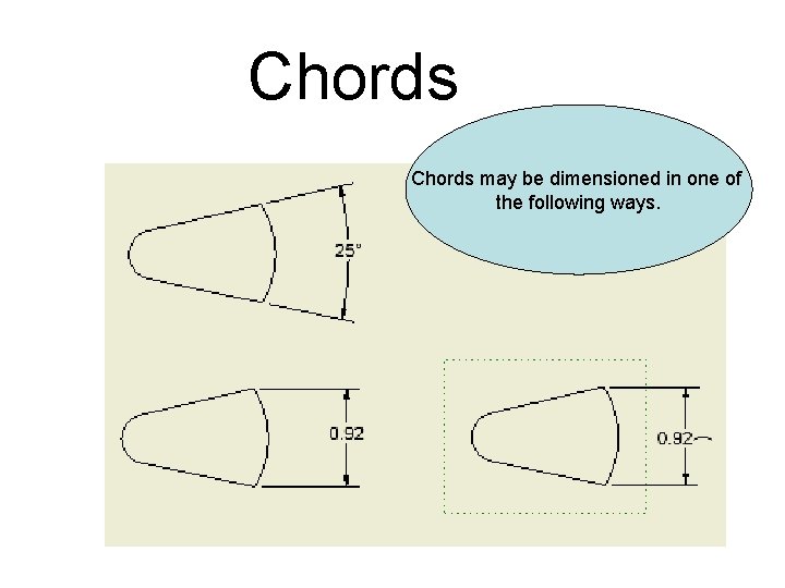Chords may be dimensioned in one of the following ways. Chords may be dimensioned in one of the following ways.