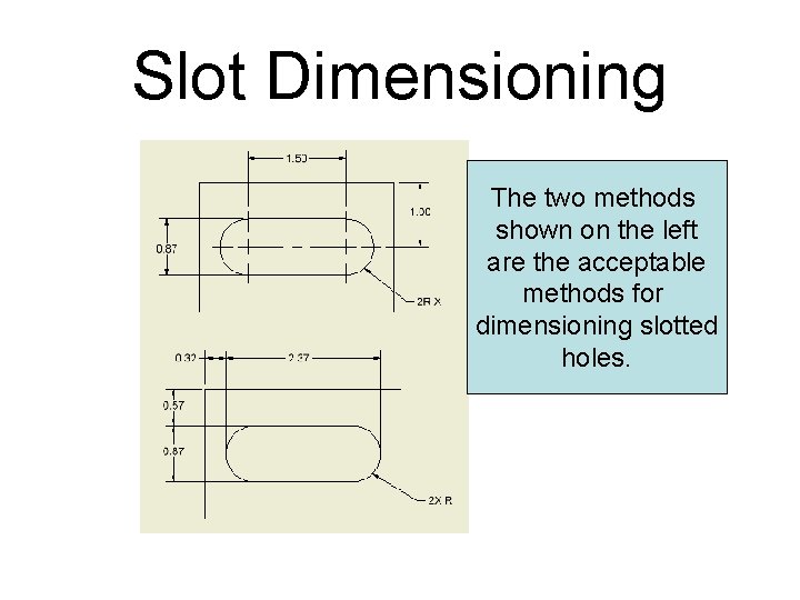 Slot Dimensioning The two methods shown on the left are the acceptable methods for Slot Dimensioning The two methods shown on the left are the acceptable methods for