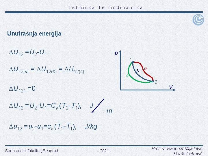 Tehnička Termodinamika Unutrašnja energija U 12 =U 2 -U 1 p 1 U 12(a)