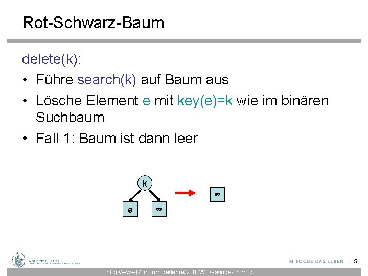 Rot-Schwarz-Baum delete(k): • Führe search(k) auf Baum aus • Lösche Element e mit key(e)=k