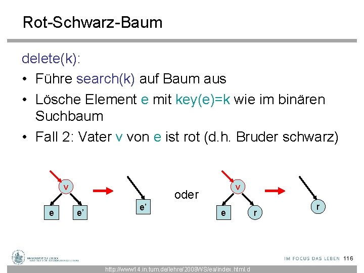 Rot-Schwarz-Baum delete(k): • Führe search(k) auf Baum aus • Lösche Element e mit key(e)=k