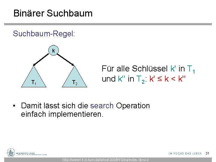 Binärer Suchbaum-Regel: k T 1 T 2 Für alle Schlüssel k' in T 1