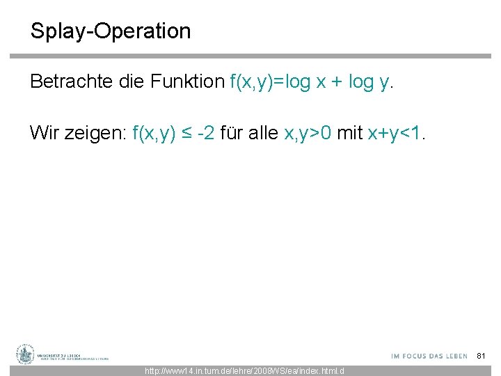 Splay-Operation Betrachte die Funktion f(x, y)=log x + log y. Wir zeigen: f(x, y)