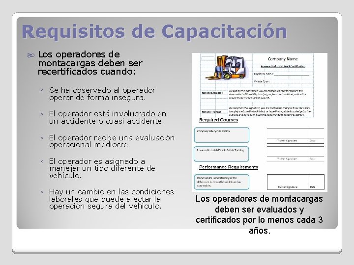 Requisitos de Capacitación Los operadores de montacargas deben ser recertificados cuando: ◦ Se ha