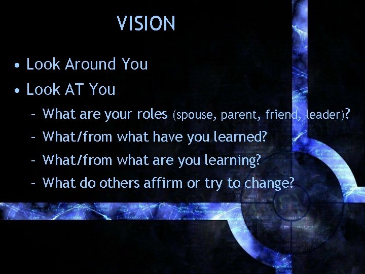 VISION • Look Around You • Look AT You – What are your roles VISION • Look Around You • Look AT You – What are your roles