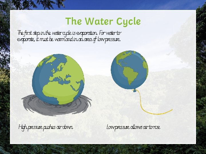 The Water Cycle The first step in the water cycle is evaporation. For water