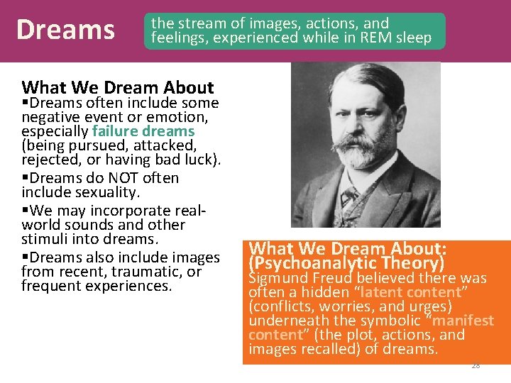 Dreams the stream of images, actions, and feelings, experienced while in REM sleep What