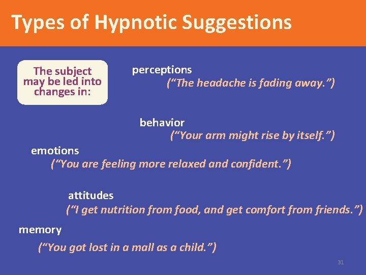 Types of Hypnotic Suggestions The subject may be led into changes in: perceptions (“The