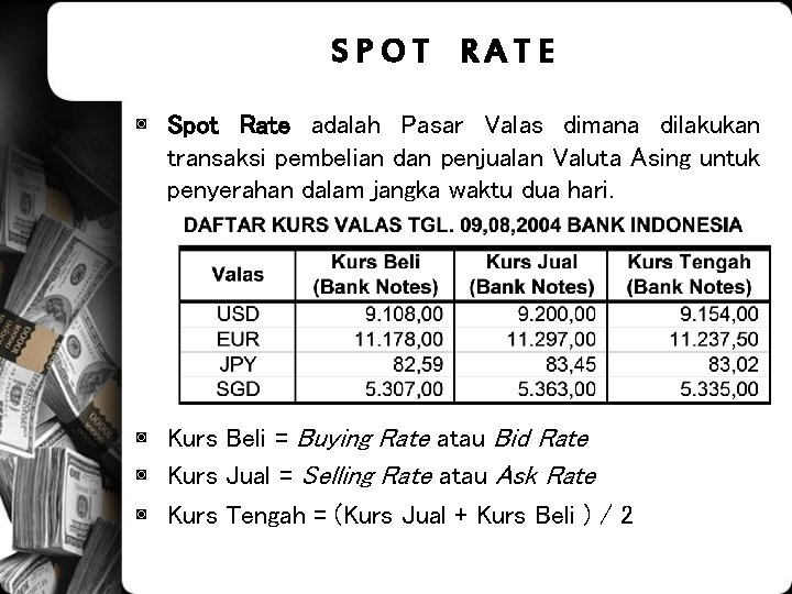 SPOT RATE ◙ Spot Rate adalah Pasar Valas dimana dilakukan transaksi pembelian dan penjualan