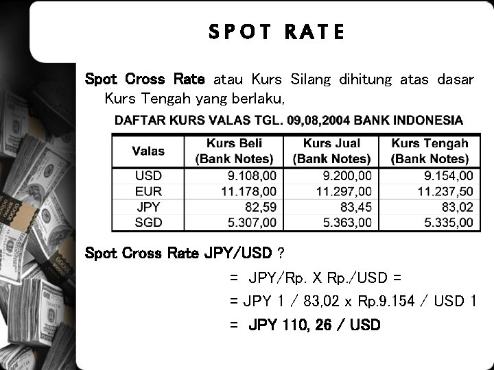 SPOT RATE Spot Cross Rate atau Kurs Silang dihitung atas dasar Kurs Tengah yang