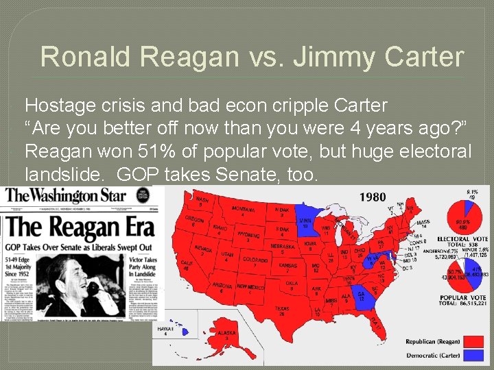 Ronald Reagan vs. Jimmy Carter Hostage crisis and bad econ cripple Carter “Are you