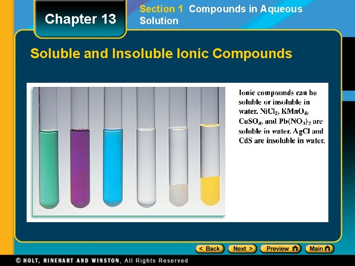 Chapter 13 Section 1 Compounds in Aqueous Solution Soluble and Insoluble Ionic Compounds Chapter 13 Section 1 Compounds in Aqueous Solution Soluble and Insoluble Ionic Compounds