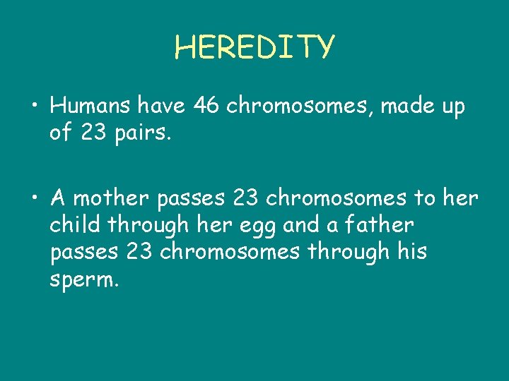 HEREDITY • Humans have 46 chromosomes, made up of 23 pairs. • A mother