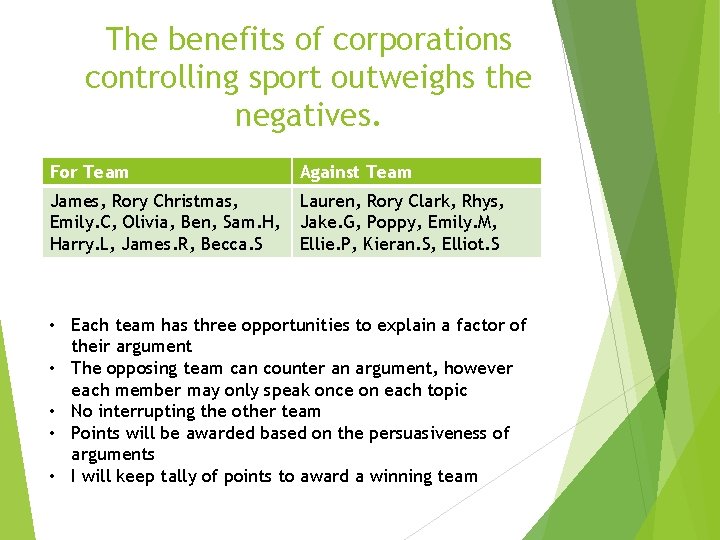 The benefits of corporations controlling sport outweighs the negatives. For Team Against Team James,