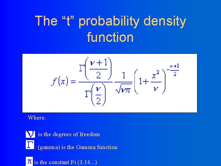 The “t” probability density function Where: is the degrees of freedom (gamma) is the