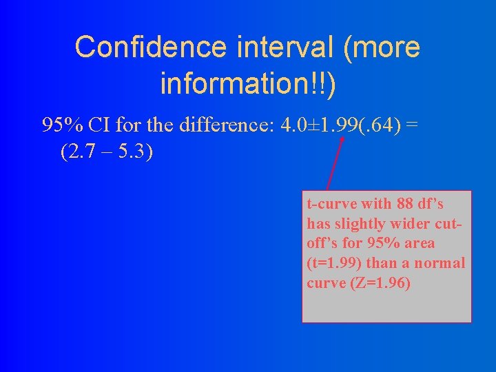 Confidence interval (more information!!) 95% CI for the difference: 4. 0± 1. 99(. 64)