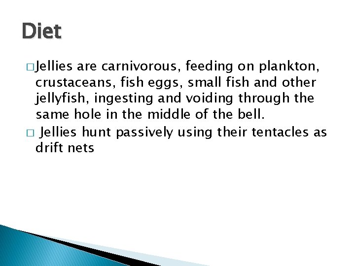 Diet � Jellies are carnivorous, feeding on plankton, crustaceans, fish eggs, small fish and