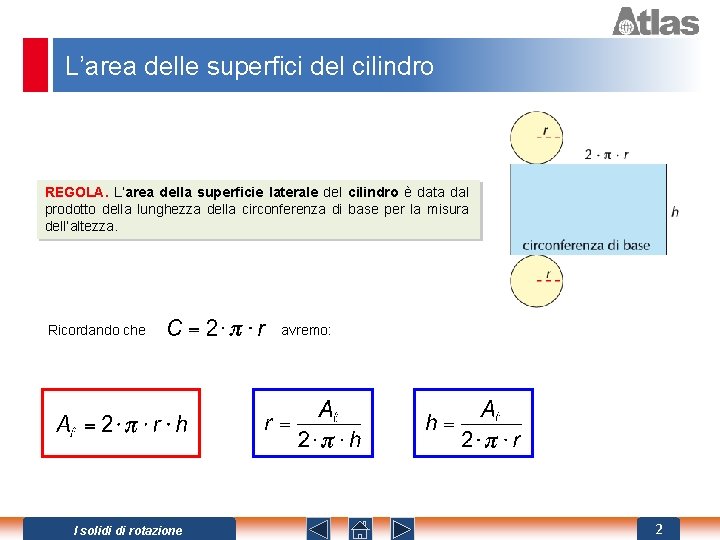 L’area delle superfici del cilindro REGOLA. L’area della superficie laterale del cilindro è data