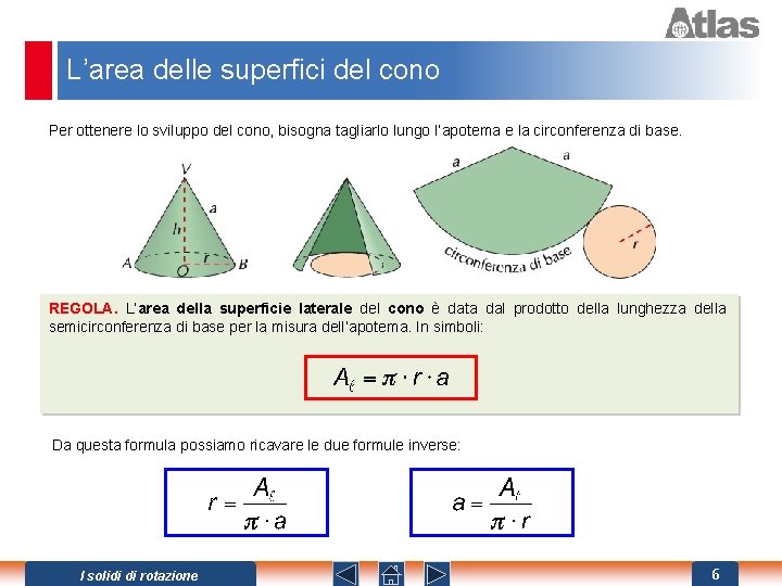 L’area delle superfici del cono Per ottenere lo sviluppo del cono, bisogna tagliarlo lungo