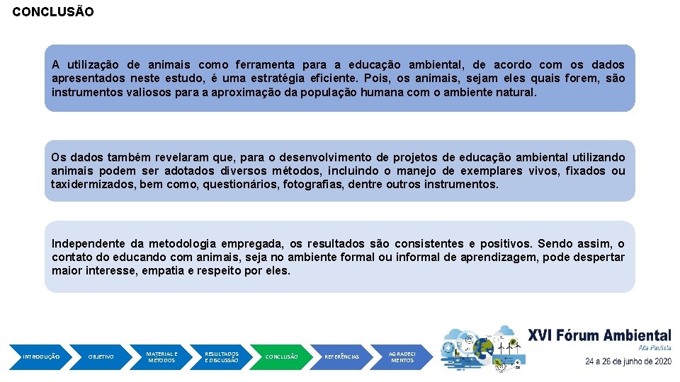 CONCLUSÃO A utilização de animais como ferramenta para a educação ambiental, de acordo com