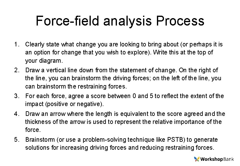 Force-field analysis Process 1. Clearly state what change you are looking to bring about